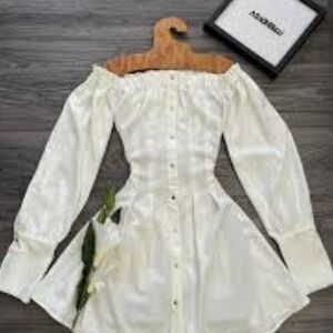 Fashion Nova Off-Shoulder White Button-Front Long Sleeve Dress